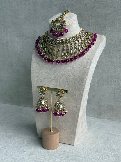 Ayura Designs Shaheen Set with Jhumkis & Tikka – Magenta Beads, Mirror Kundan & Gold Finish