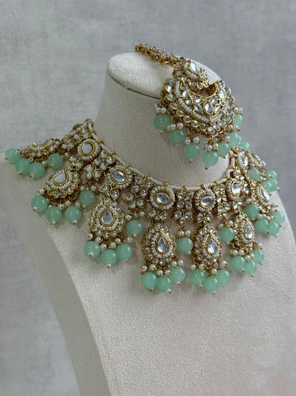 Ayura Designs Iyla Set with Necklace, Earrings & Tikka – Kundan Detailing, Ivory Pearl Drops & Mint Beads