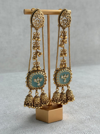 Ayura Designs Ihana Earrings – Mint Green Enamel with Kundan, Ghungroo & Jhumki Detailing