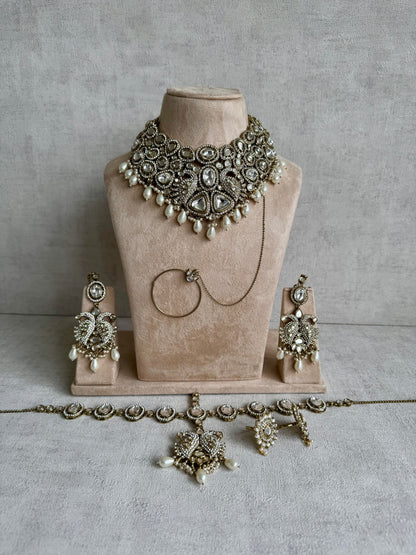 Ayura Designs Tajdar Bridal Set with Necklace, Jhumkis, Tikka, Nath, Ring & Sheeshphool – Jadau Kundan Craftsmanship with Mirror-Cut Polki, Ivory Pearl Drops & Antique Silver-Gold Finish
