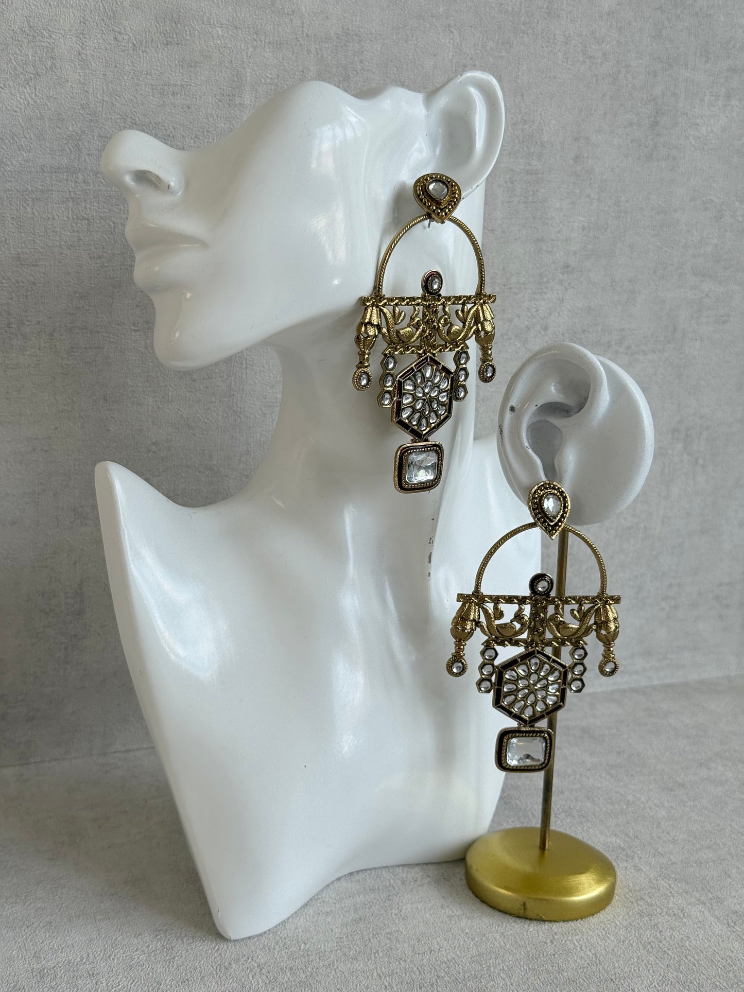 Ayura Designs Irene Earrings – Maroon Kundan, Meenakari & Crystal Peacock Chandeliers in Gold
