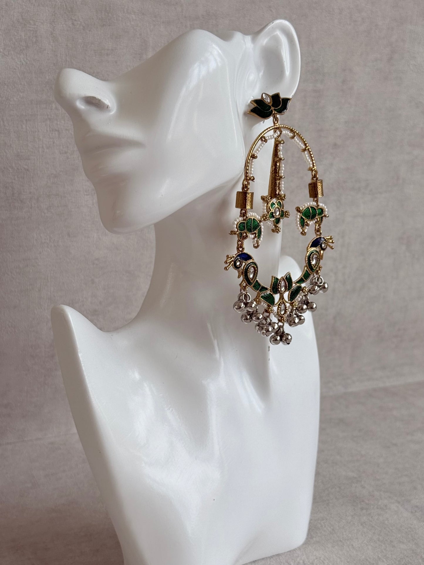 Ayura Designs Zoonpari Earrings – Emerald Green & Blue Meenakari Peacock Chandeliers in Dual Tone with Ghungroos