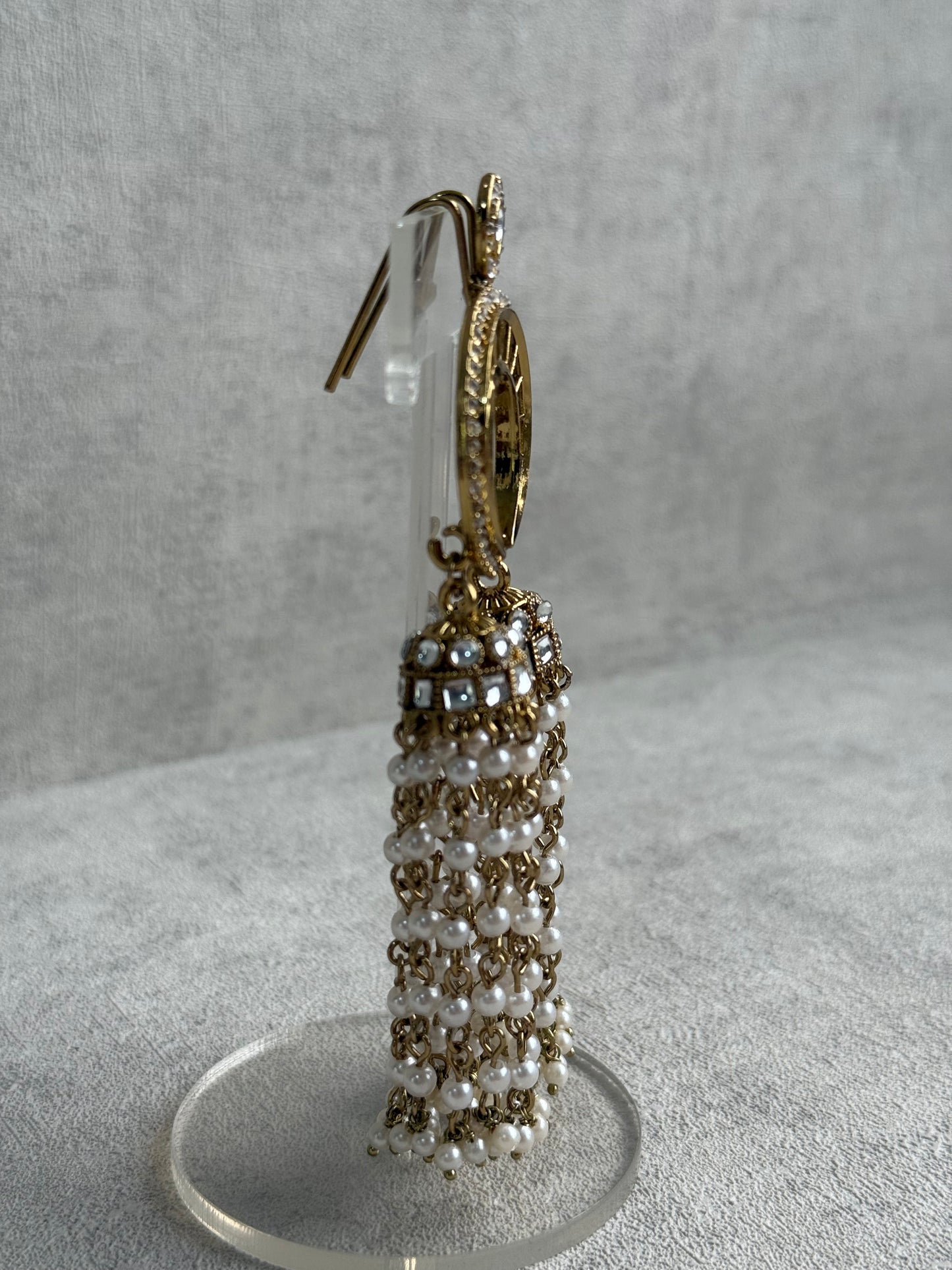 Ayura Designs Chand Hair Brooch – Crescent Polki Design with Pearl Tassels & Antique Gold Finish