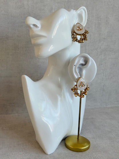 Ayura Designs Aykai Earrings – White Carved Teardrop Stud Earrings with Clear Kundan Stones and Gold Ghungroo Drops