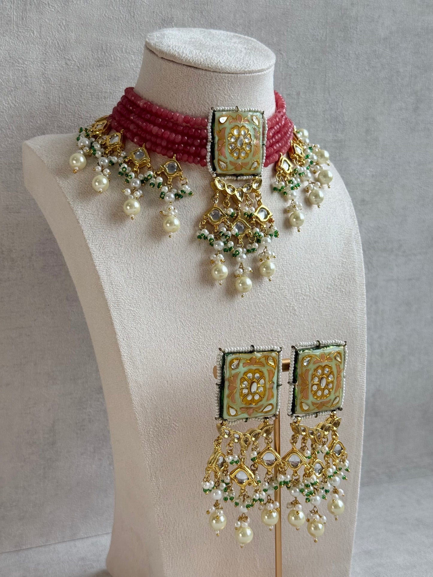 Ayura Designs Sabeera Meenakari Kundan Choker Set with Earrings – Blush Pink Beads & Pearl Detailing
