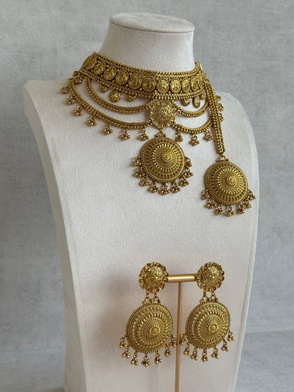 Ayura Designs Subha Choker Set with Earrings & Passa – Antique Gold Engraved Medallions, Layered Chains & Ghungroo Drops