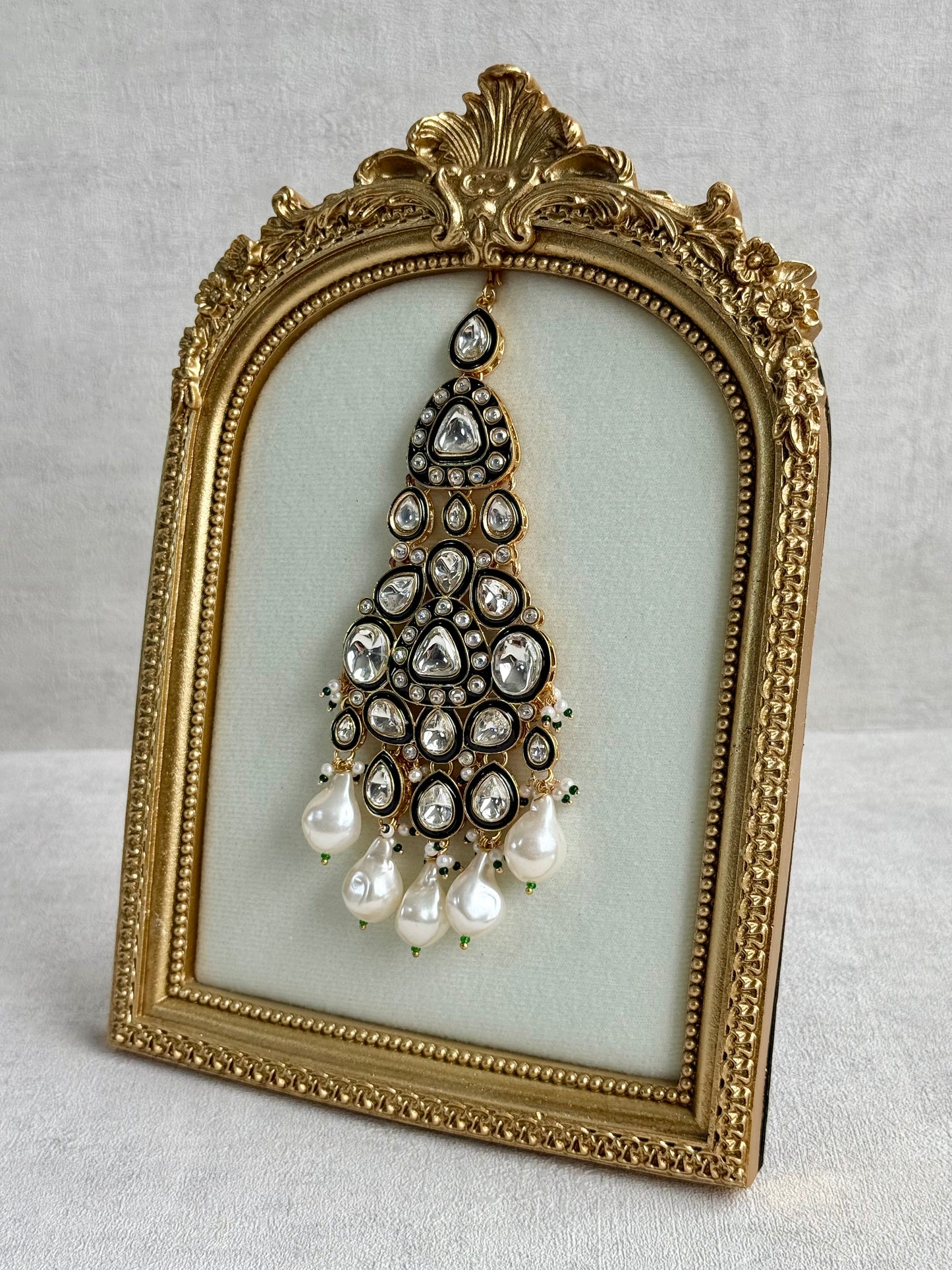 Ayura Designs Salma Jhoomar Passa – Kundan Teardrop Stones with Baroque Pearl Drops & Antique Gold Finish