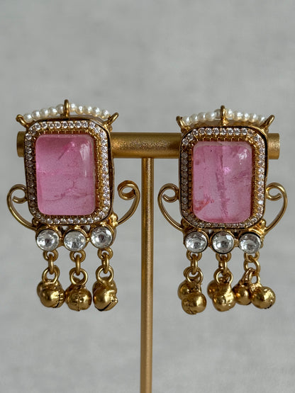 Ayura Designs Aleena Earrings – Blush Pink Stone Stud Earrings with Pearls & Ghungroo Detailing