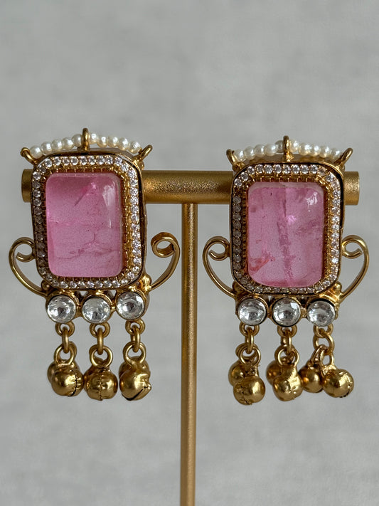 Ayura Designs Aleena Earrings – Blush Pink Stone Stud Earrings with Pearls & Ghungroo Detailing