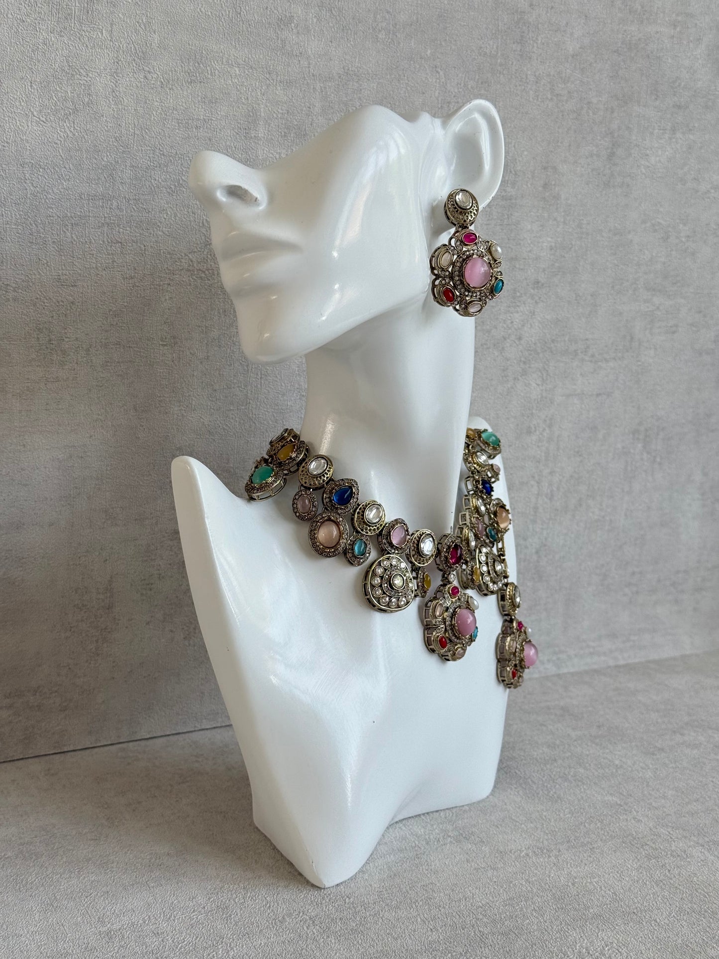 Ayura Designs Elvira Necklace Set with Earrings & Tikka – Multicolour Stone Necklace with Pink Centre Stones & Pearl Detailing