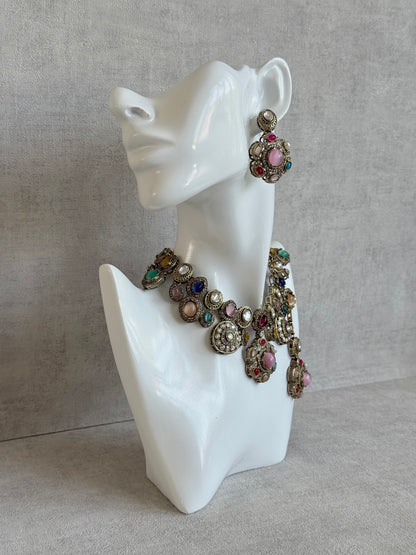 Ayura Designs Elvira Necklace Set with Earrings & Tikka – Multicolour Stone Necklace with Pink Centre Stones & Pearl Detailing