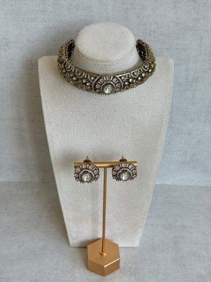 Ayura Designs Genevieve Choker Set with Studs – Blush Pink Crystal Kundan in Antique Gold