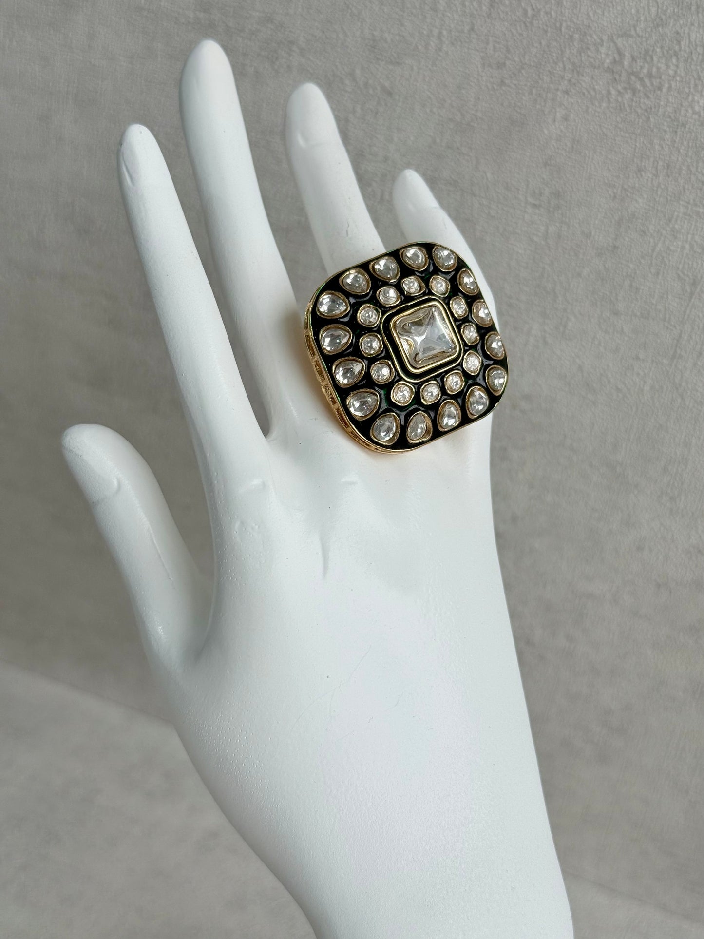 Ayura Designs Arzoo Adjustable Ring – Mirror-Cut Stone Centre with Green Enamel & Crystal Detailing