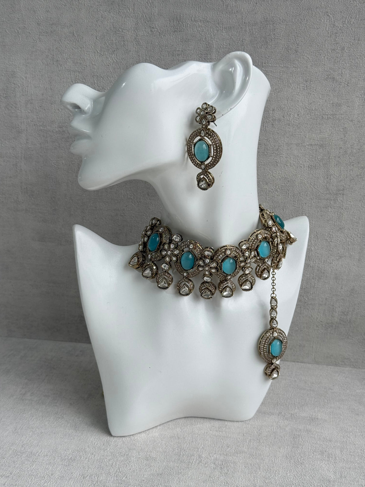 Ayura Designs Emanya Choker Set – Choker, Earrings & Tikka with Mirror-Cut Stones, Turquoise Blue & Antique Gold Detailing