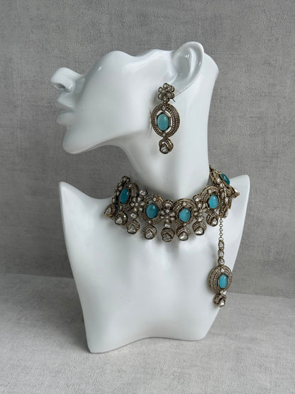 Ayura Designs Emanya Choker Set – Choker, Earrings & Tikka with Mirror-Cut Stones, Turquoise Blue & Antique Gold Detailing