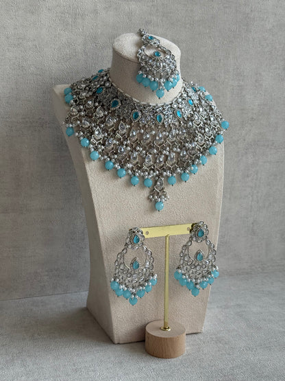 Ayura Designs Eknoor Set – Necklace, Tikka & Earrings with Aqua Blue Beads, Pearls and Silver Finish