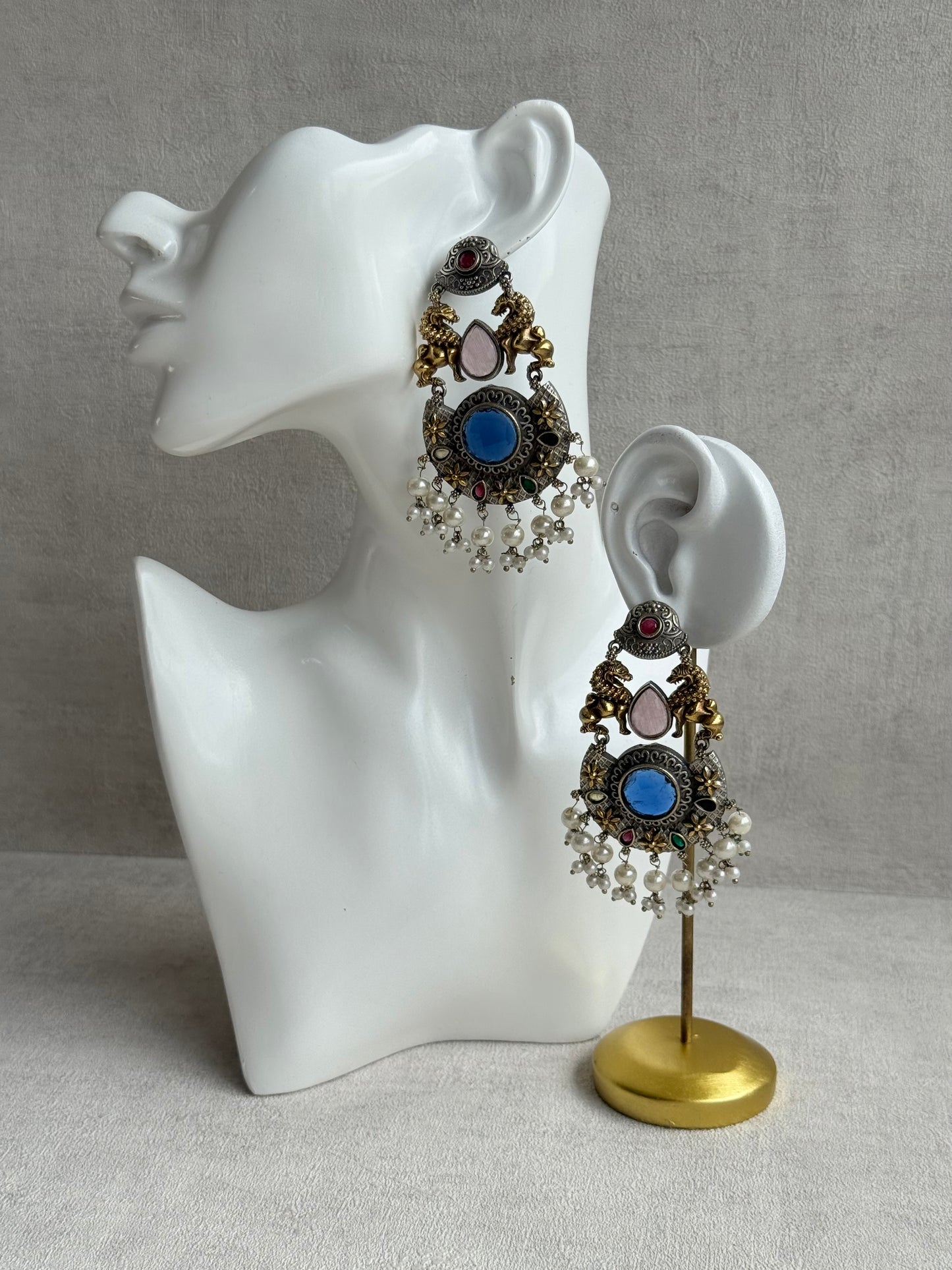 Ayura Designs Aangan Earrings – Dual Tone Oxidised Statement Earrings with Multicolour Stones & Pearl Clusters