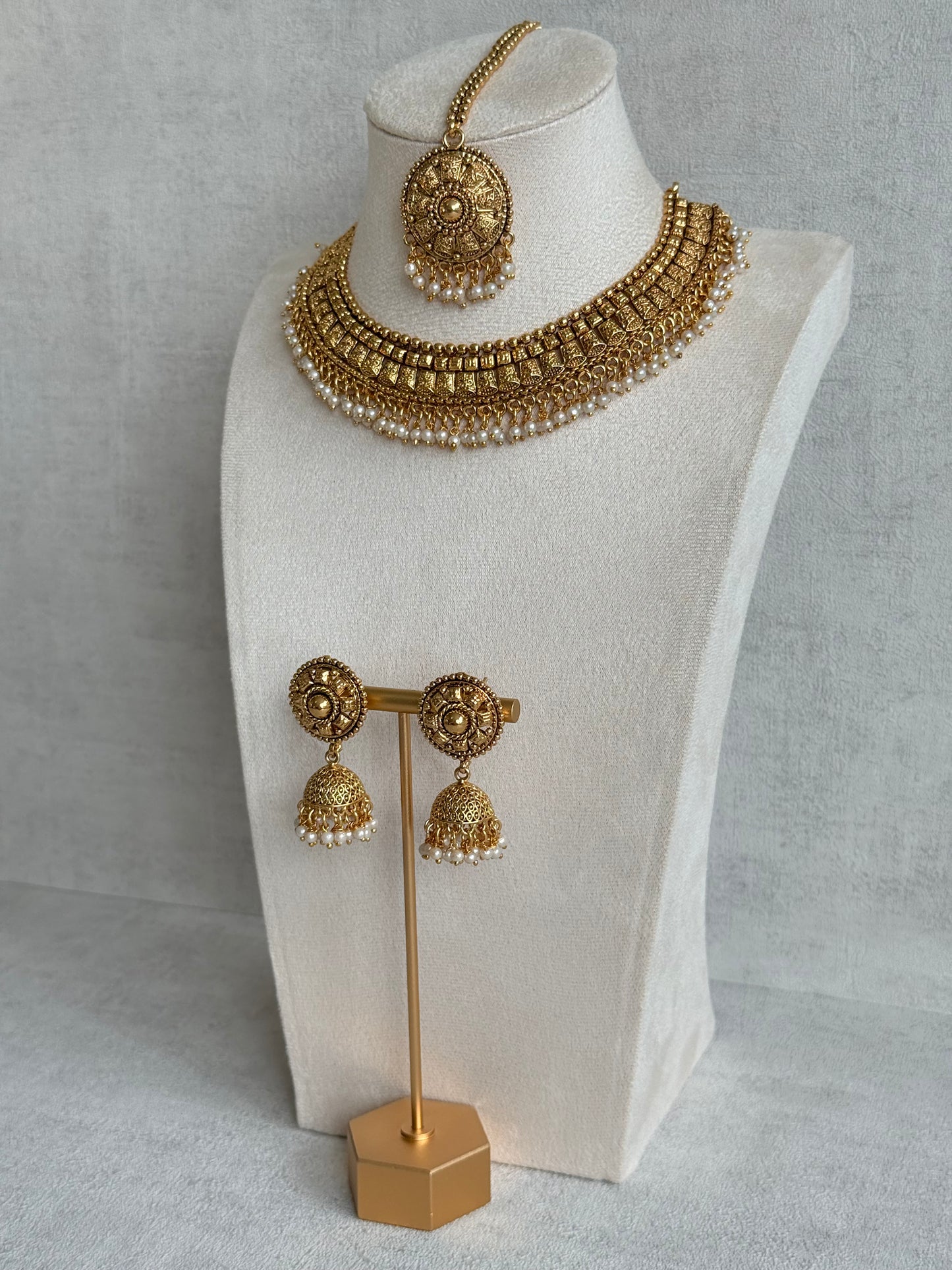 Ayura Designs Iksirat Necklace Set with Jhumkis & Tikka – Gold Heritage Design with Pearl Detailing