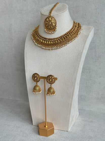 Ayura Designs Iksirat Necklace Set with Jhumkis & Tikka – Gold Heritage Design with Pearl Detailing
