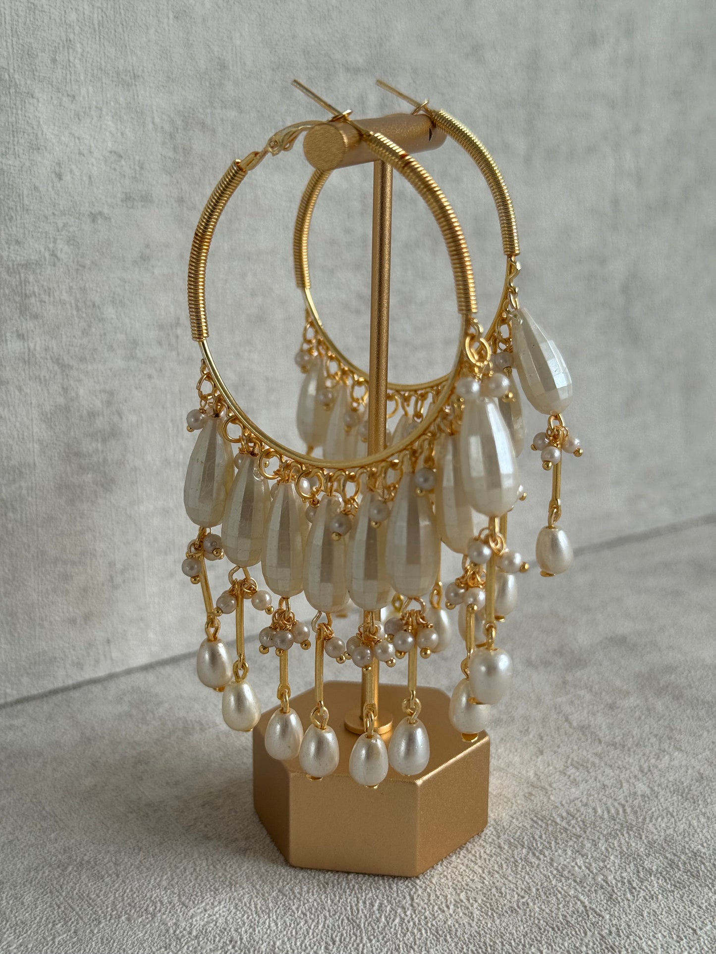 Ayura Designs Emery Balis – Gold Hoop Earrings with Faceted Pearl Drops & Fringe Detailing