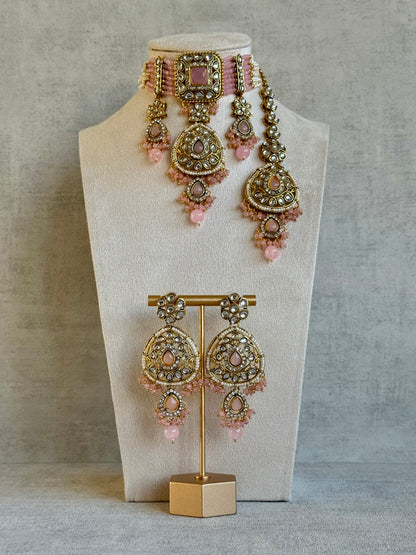 Ayura Designs Zarmeen Choker Set with Earrings & Tikka – Mirror-Cut Stones, Antique Gold Finish and Blush Pink Beads
