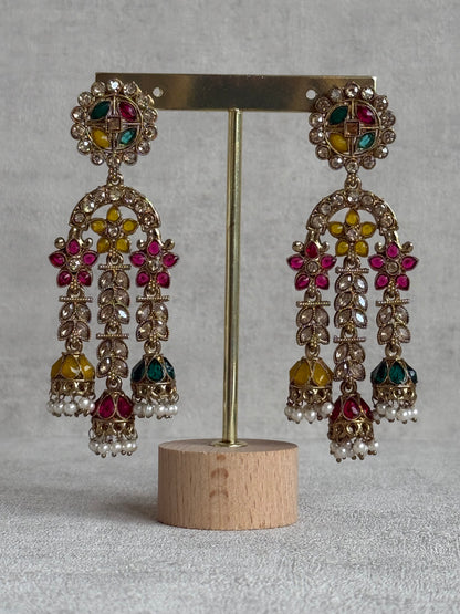 Ayura Designs Soraya Earrings – Multicolour Stones, Champagne Crystals, Pearl Detailing & Gold Finish