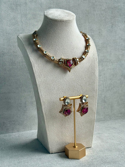 Ayura Designs Krupa Set – Necklace & Earrings with Magenta Stone featuring Natural Marbling, Mirror-Cut Kundan & Antique Gold Detailing