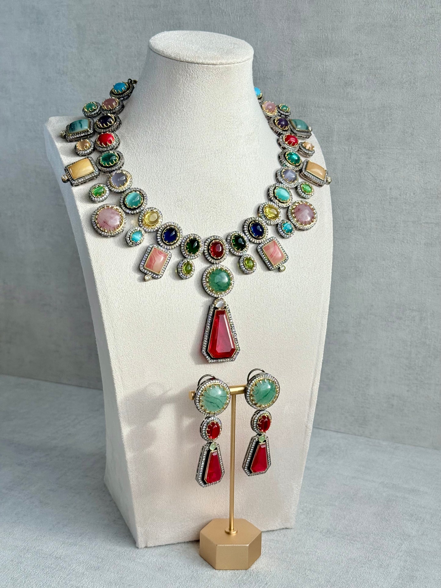 Ayura Designs Ophelia Set with Necklace & Earrings – Navratan Stone Detailing with Antique Silver Finish