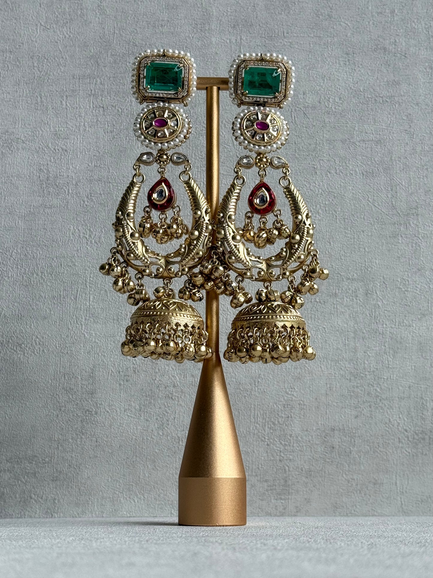Ayura Designs Zirwa Earrings – Statement Jhumkis with Jade Green Stones, Ruby Accents, Pearl Borders & Ghungroos