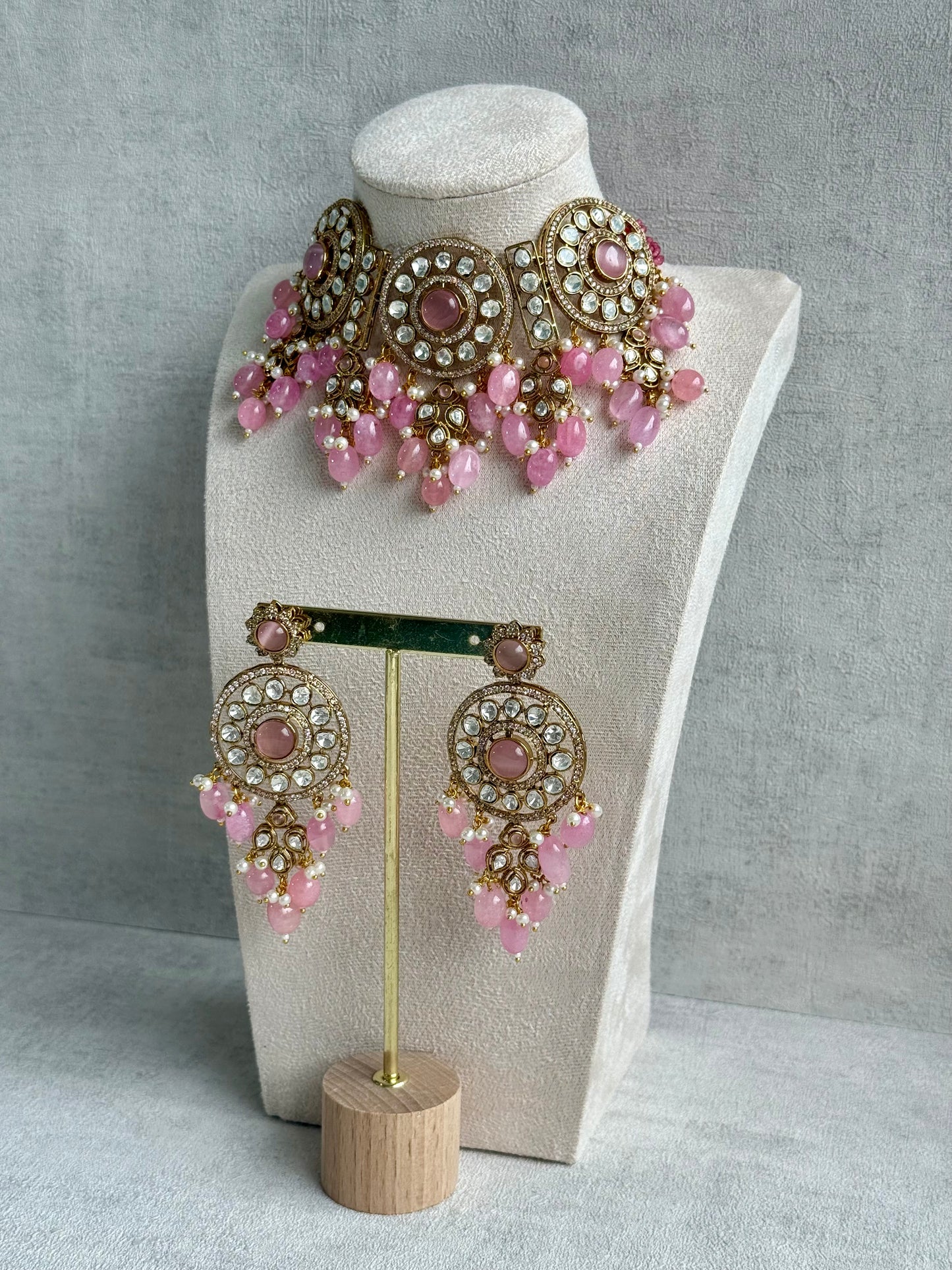 Ayura Designs Harper Set – Antique Gold Choker & Earrings with Blush Pink Beads, Kundan Stones & Pearl Detailing