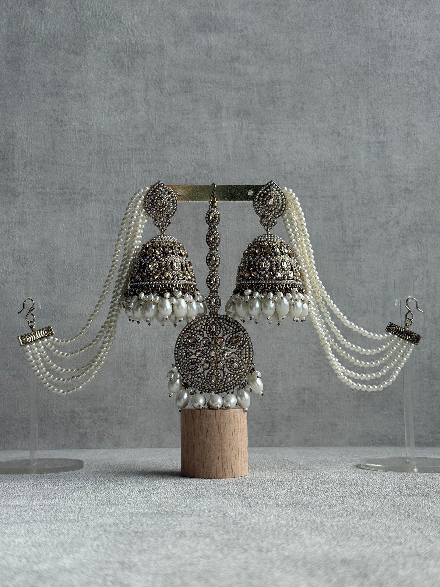 Ayura Designs Amrita Set – Jhumkis with Sahare & Tikka in Ivory Pearls and Antique Gold Finish