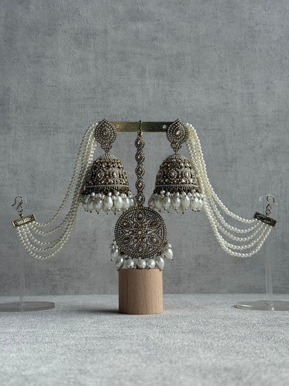 Ayura Designs Amrita Set – Jhumkis with Sahare & Tikka in Ivory Pearls and Antique Gold Finish