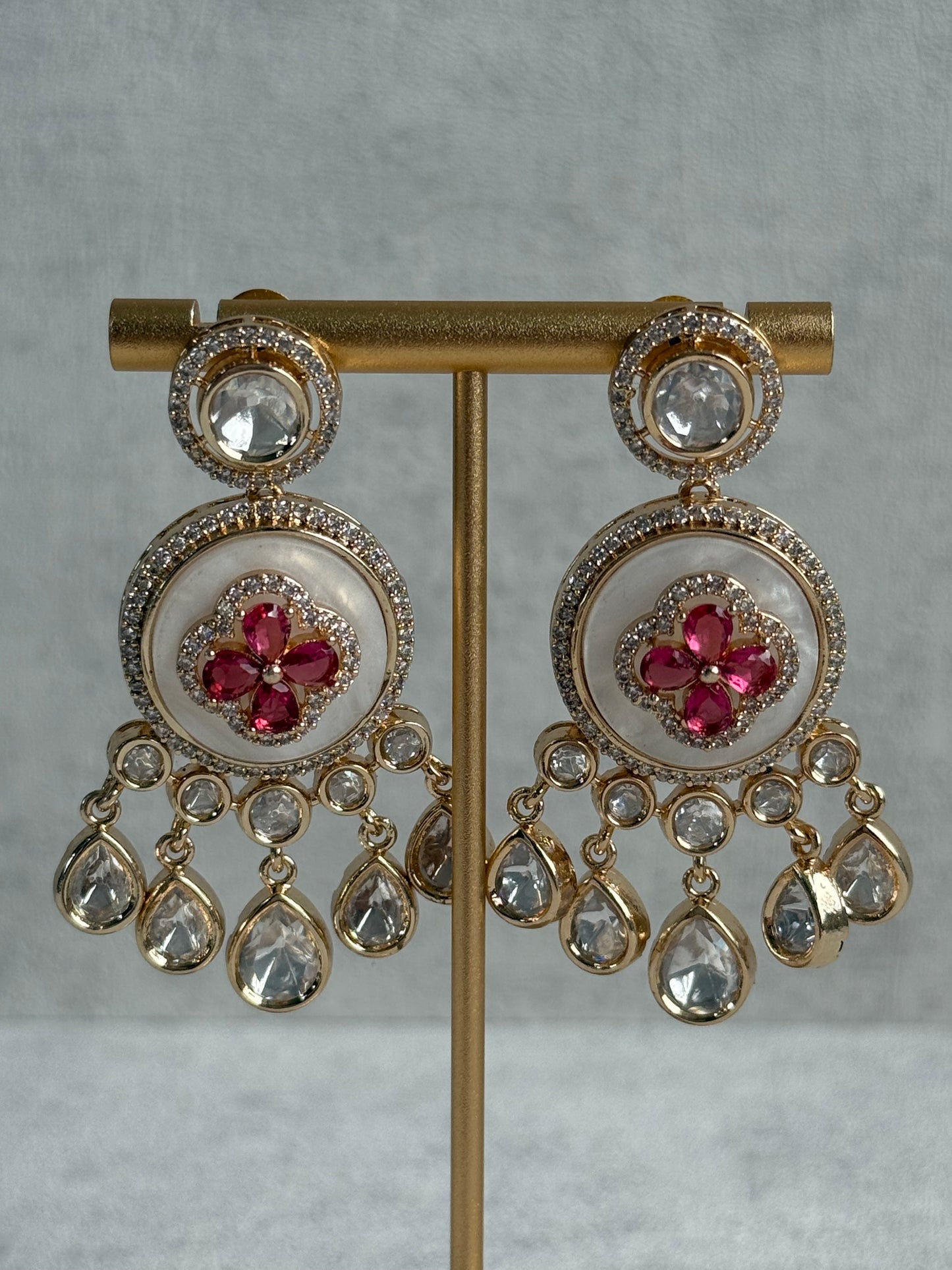 Ayura Designs Wisah Set – Necklace & Earrings with Mother of Pearl, Ruby Pink Stones & Mirror-Cut Detailing