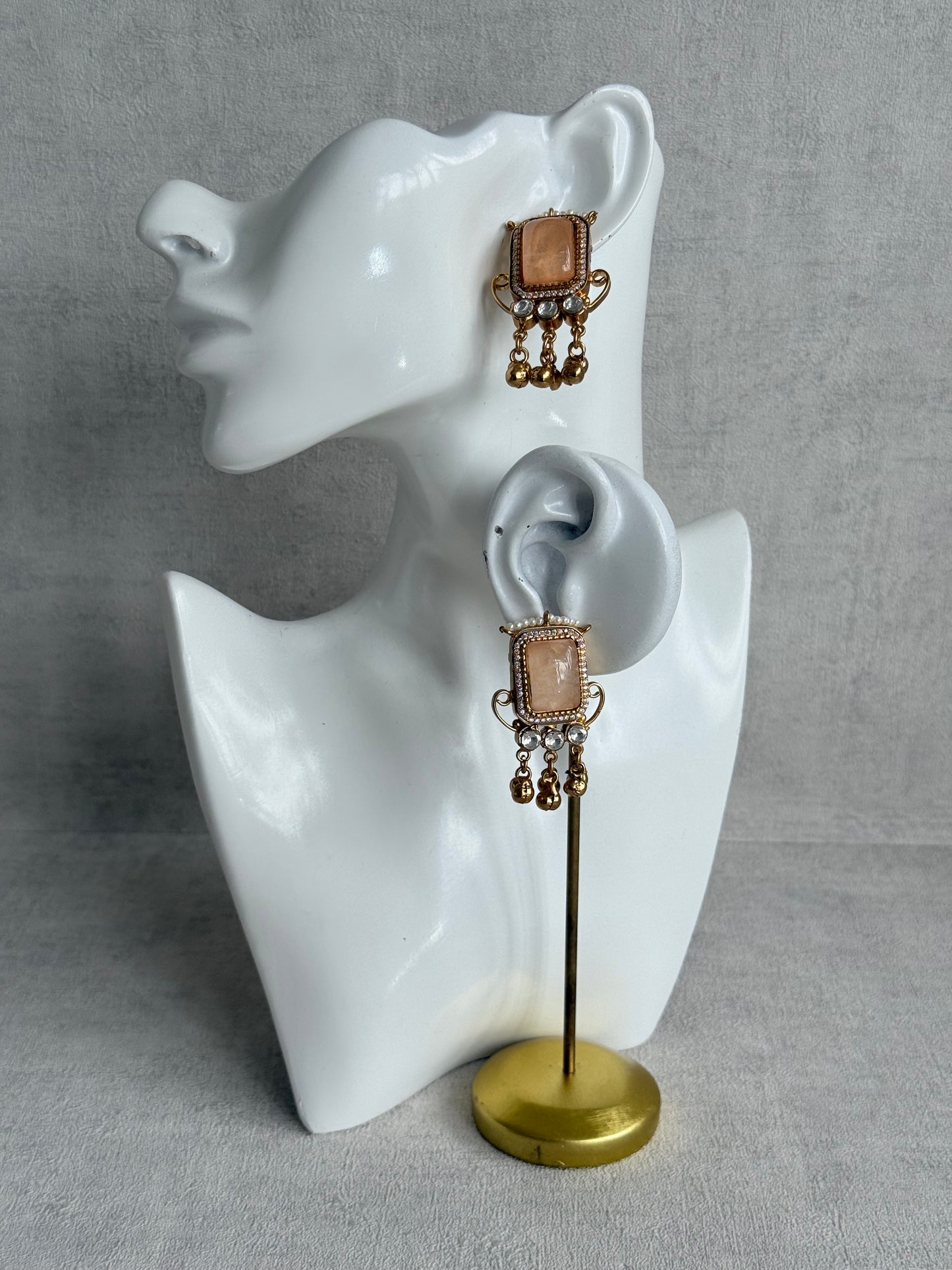 Ayura Designs Aleena Earrings – Champagne Stone Stud Earrings with Pearls & Ghungroo Detailing