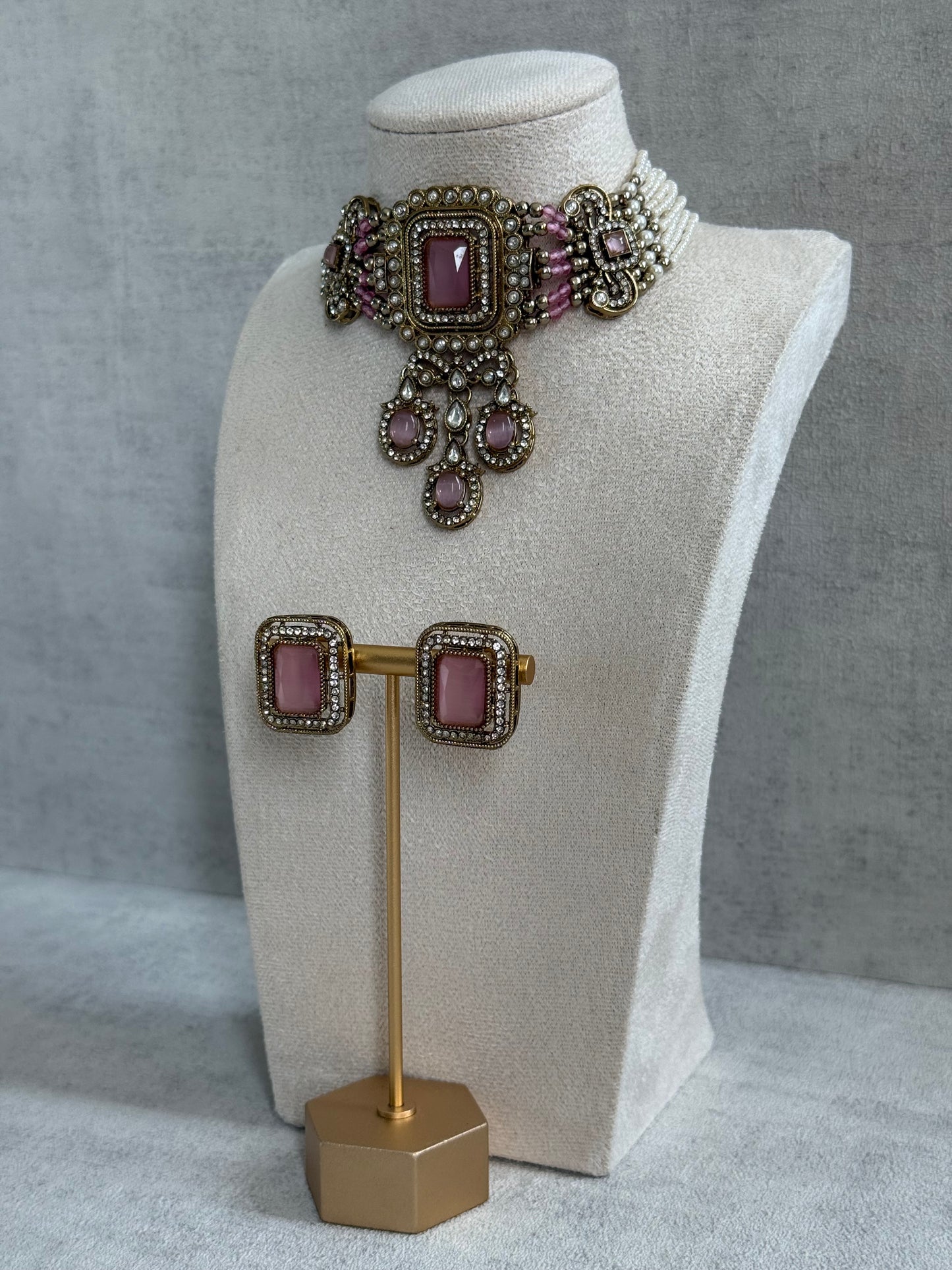 Ayura Designs Nabiha Choker Set with Studs – Blush Pink Stones, Pearl Detailing & Antique Gold Finish