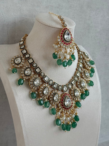 Ayura Designs Eesha Set with Necklace, Earrings & Tikka – Multicolour Stones with Kundan Detailing, Emerald Green Beads & Pearl Drops