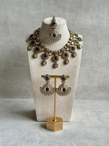 Ayura Designs Sahira Set – Necklace, Earrings & Tikka with Sapphire Blue Stones, Mirror-Cut Detailing & Antique Gold Finish