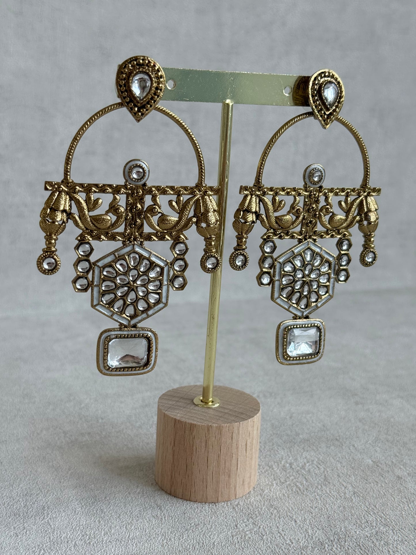 Ayura Designs Irene Earrings – Ivory Kundan, Meenakari & Crystal Peacock Chandeliers in Gold