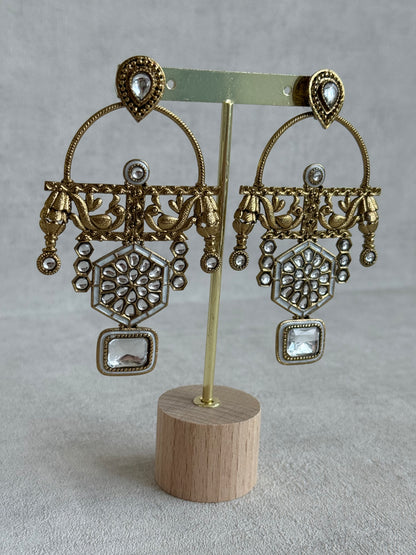 Ayura Designs Irene Earrings – Ivory Kundan, Meenakari & Crystal Peacock Chandeliers in Gold