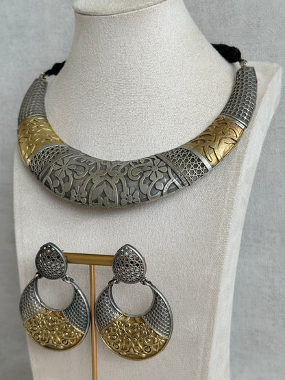 Ayura Designs Raahil Necklace Set with Earrings – Dual Tone Oxidised Statement Necklace with Floral Engraving & Cutwork Detailing
