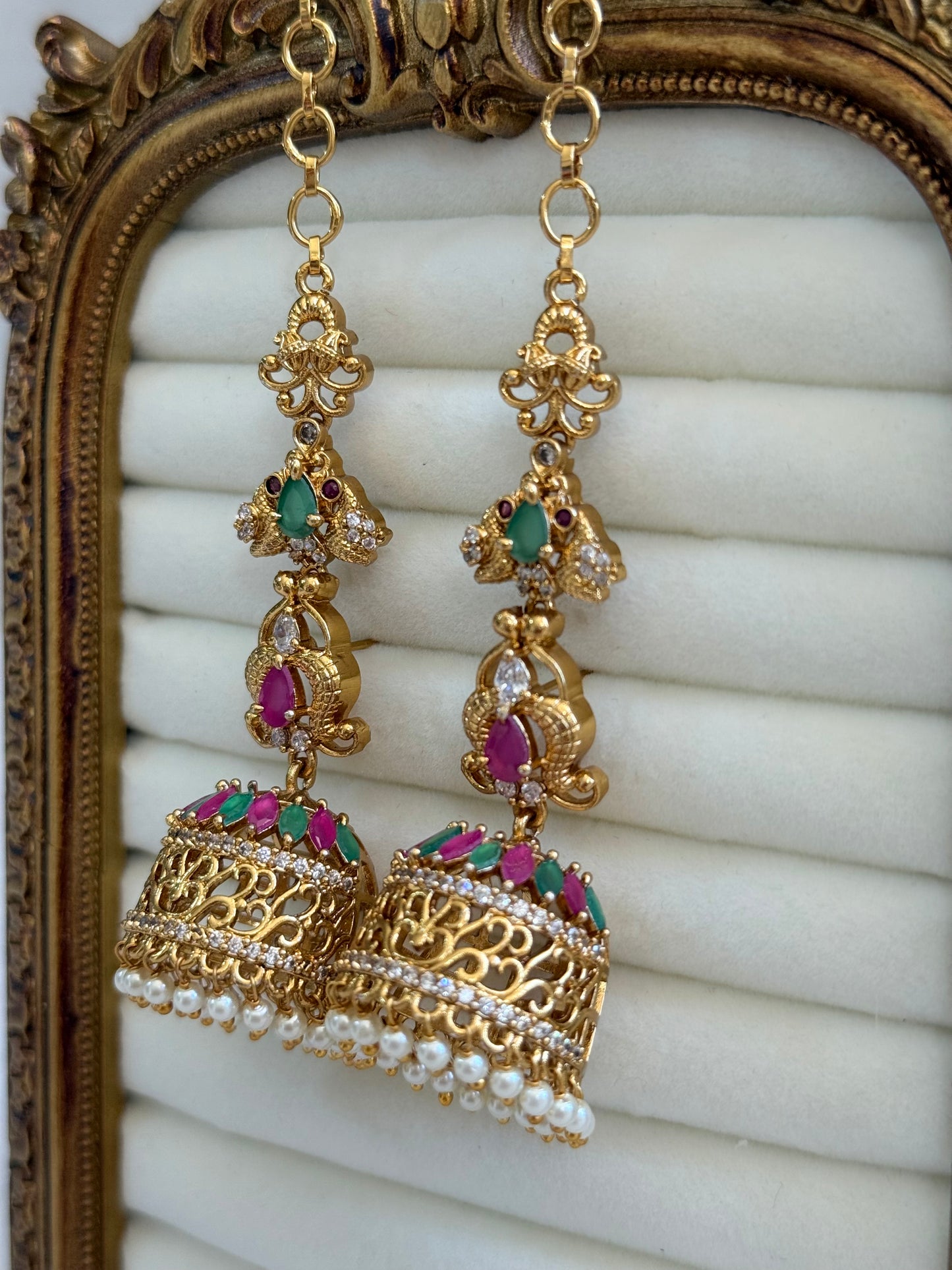 Ayura Designs Alar Jhumkis – Ear Climber in Antique Gold with Emerald & Pink Stones and Pearl Drops