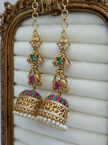 Ayura Designs Alar Jhumkis – Ear Climber in Antique Gold with Emerald & Pink Stones and Pearl Drops