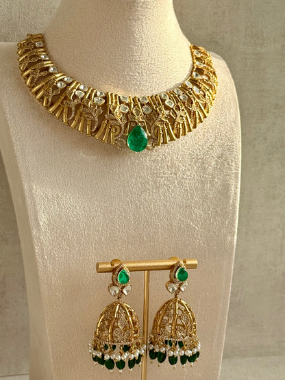 Ayura Designs Rami Collar Set with Jhumkis – Sculpted Gold Collar with Emerald Green Stone and Crystal Detailing