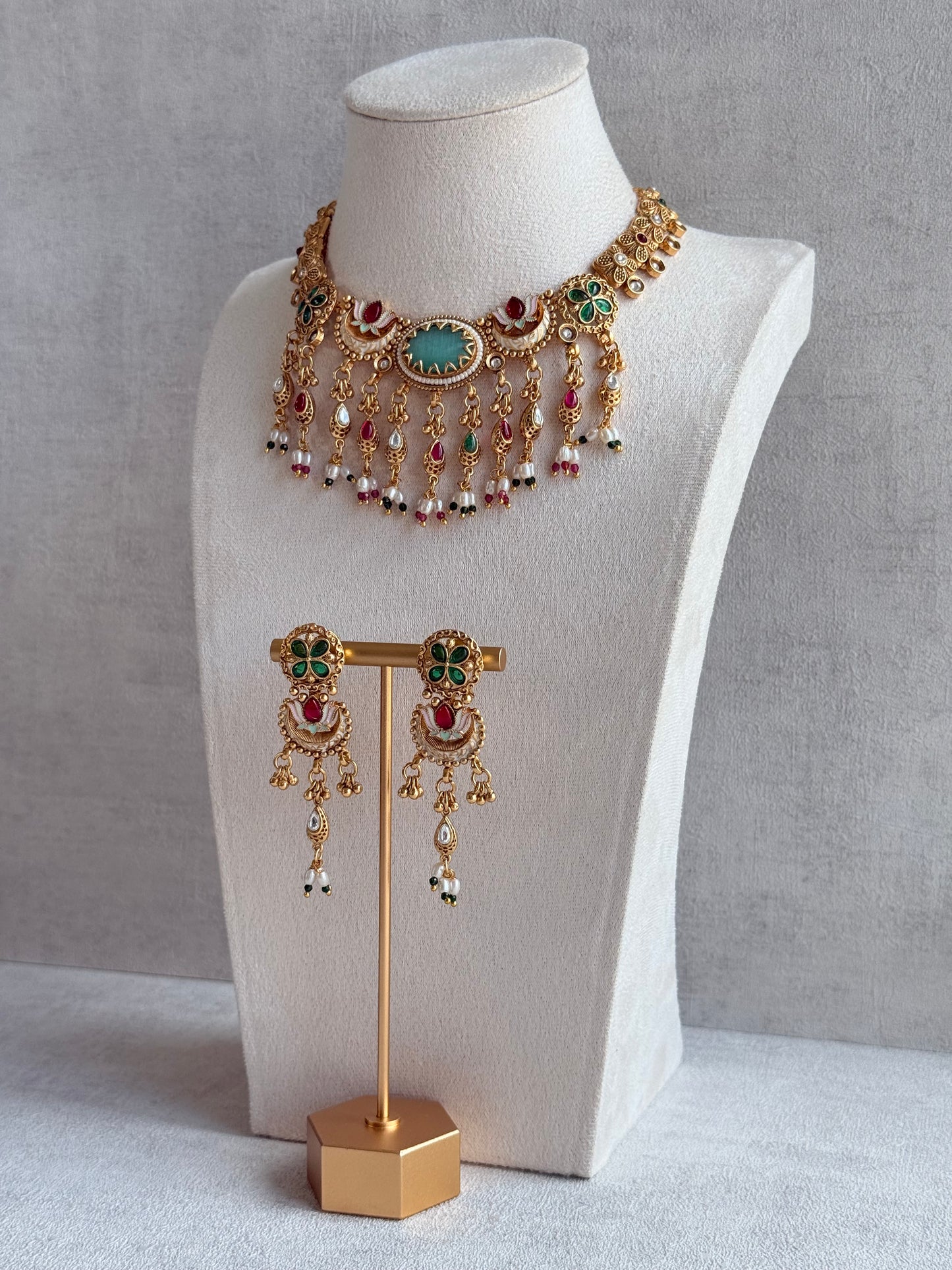 Ayura Designs Aavya Necklace Set – Aqua Green & Rani Pink Kundan Meenakari Design