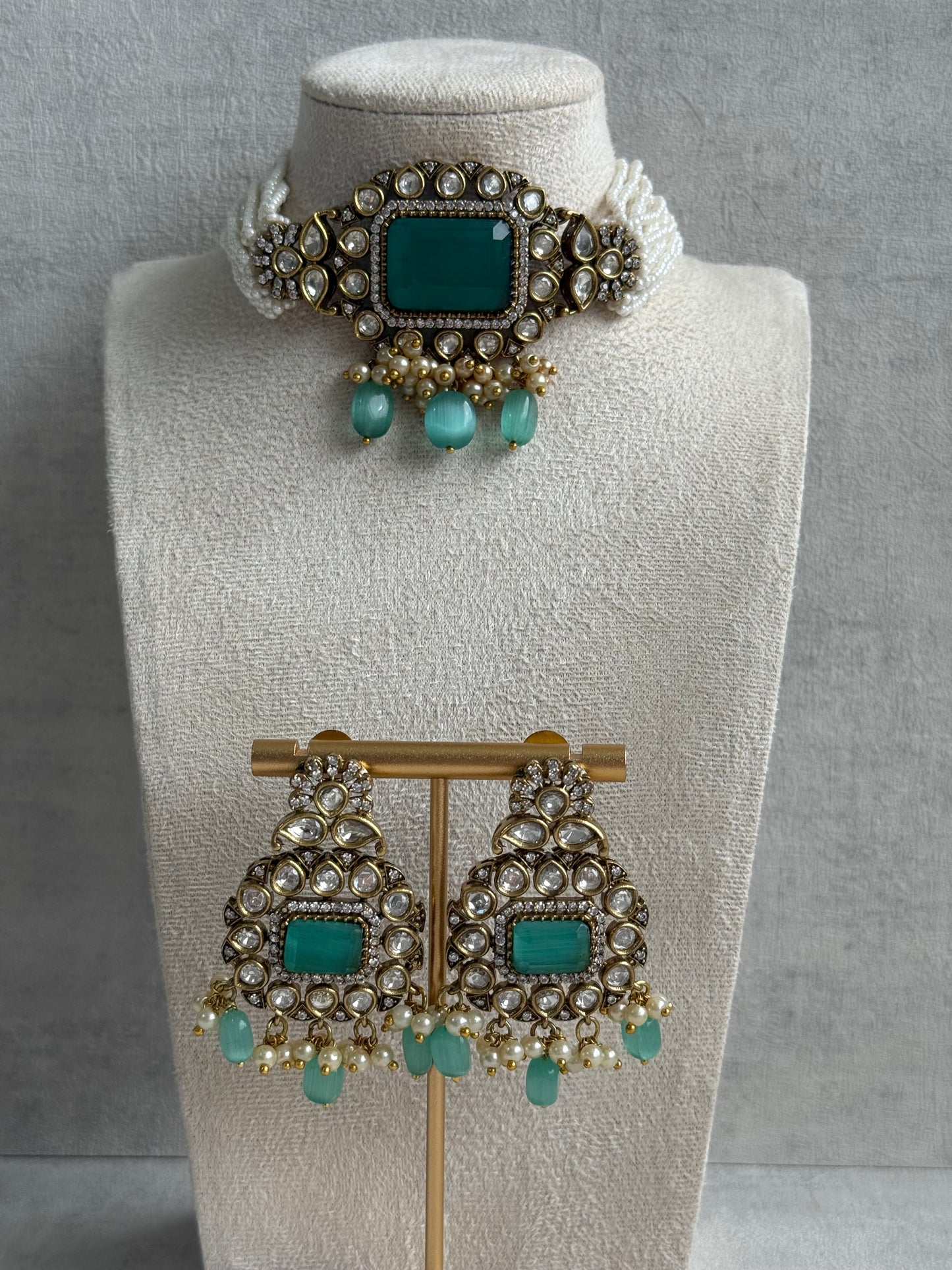 Ayura Designs Eva Choker Set with Earrings – Mirror-Cut Kundan, Pearl Strands & Mint-Green Stones in Antique Gold Finish