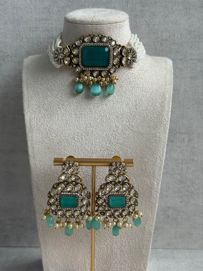 Ayura Designs Eva Choker Set with Earrings – Mirror-Cut Kundan, Pearl Strands & Mint-Green Stones in Antique Gold Finish