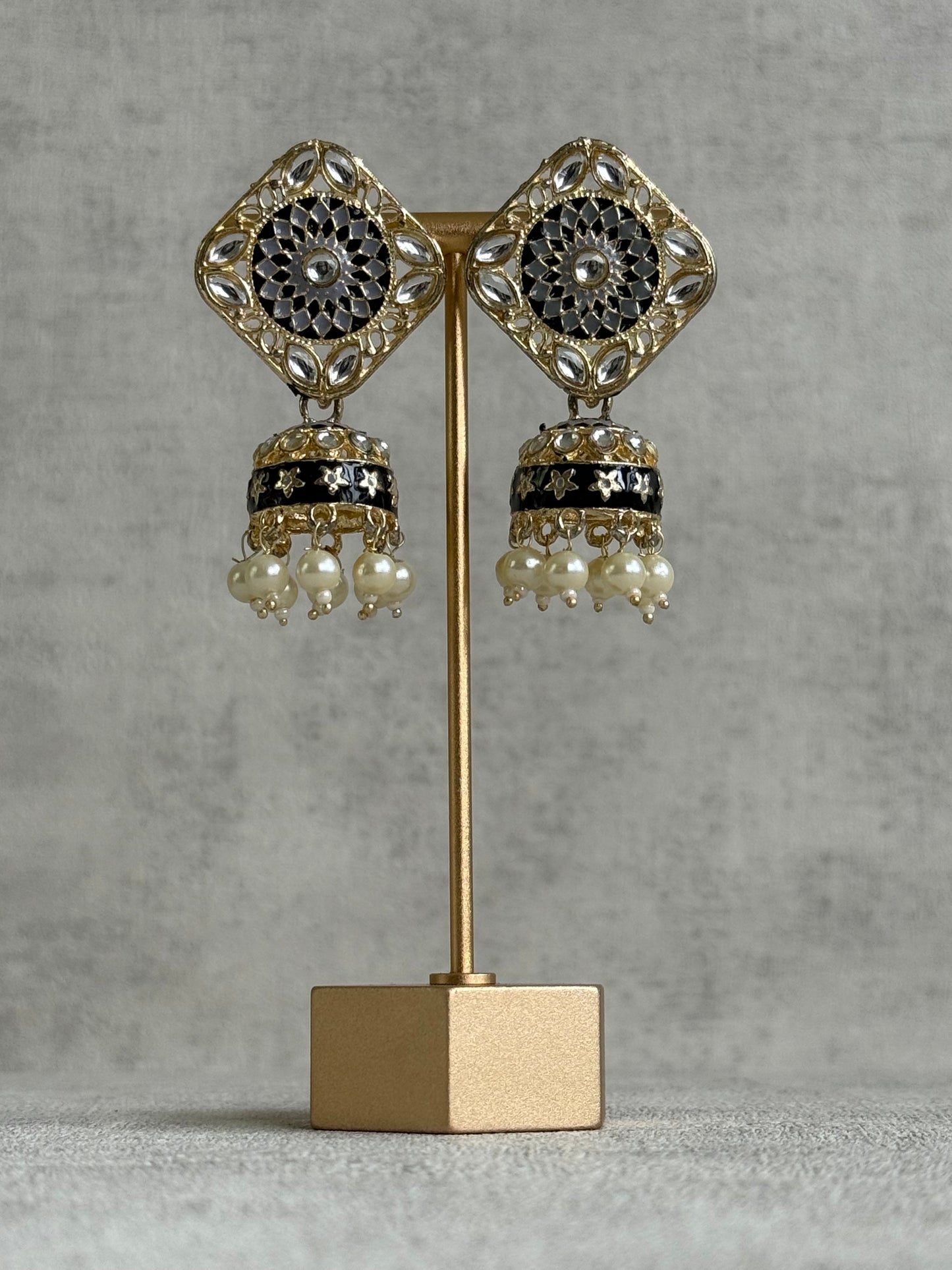 Ayura Designs Rangoli Jhumkis – Silver, Black & Ivory Meenakari with Pearl Drops in Antique Gold Finish