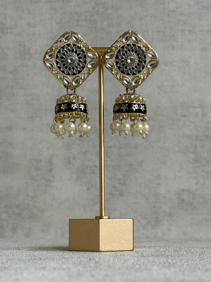 Ayura Designs Rangoli Jhumkis – Silver, Black & Ivory Meenakari with Pearl Drops in Antique Gold Finish