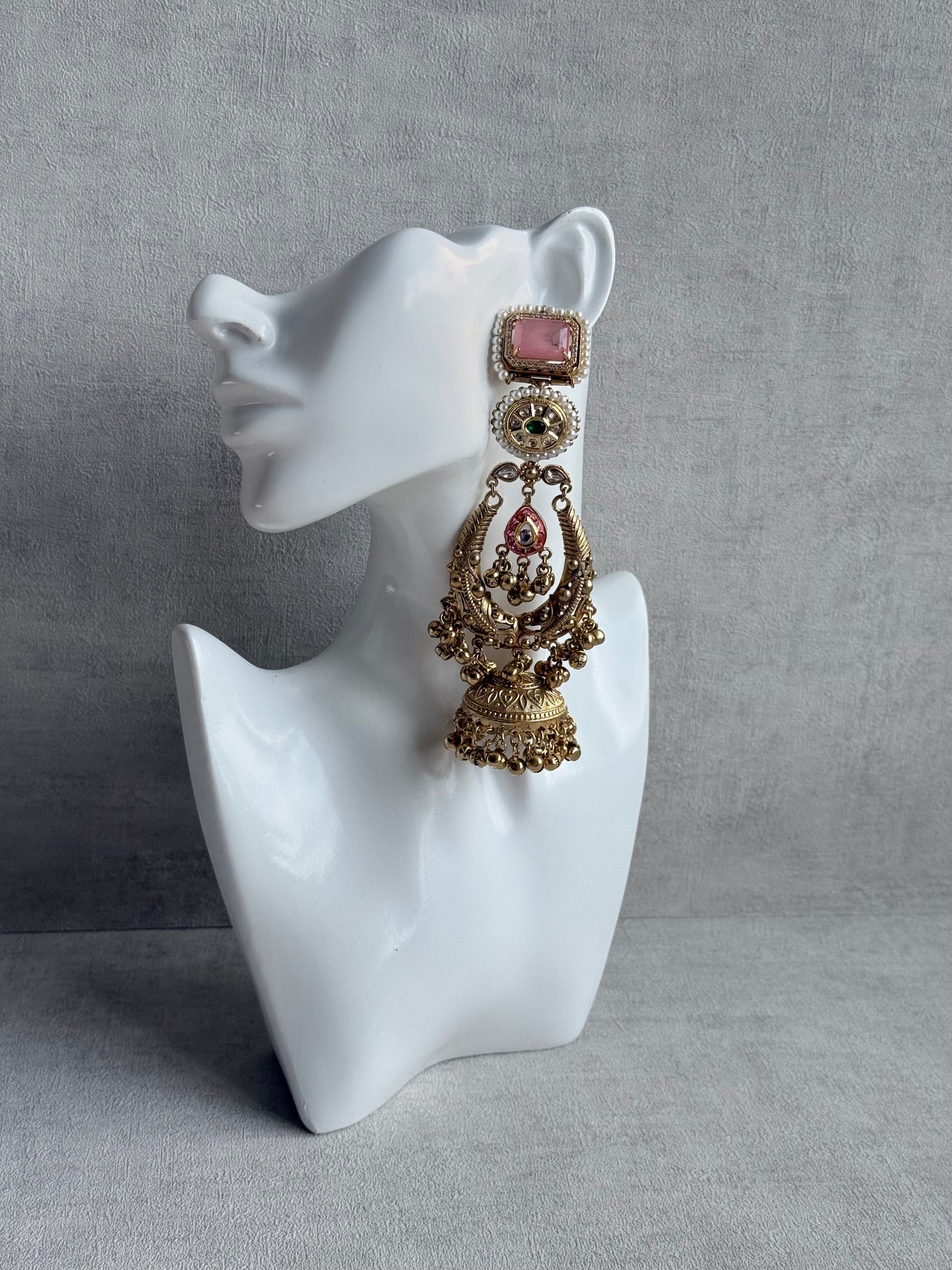 Ayura Designs Zirwa Earrings – Statement Jhumkis with Pink Stones, Green Accents & Pearl Borders & Ghungroos