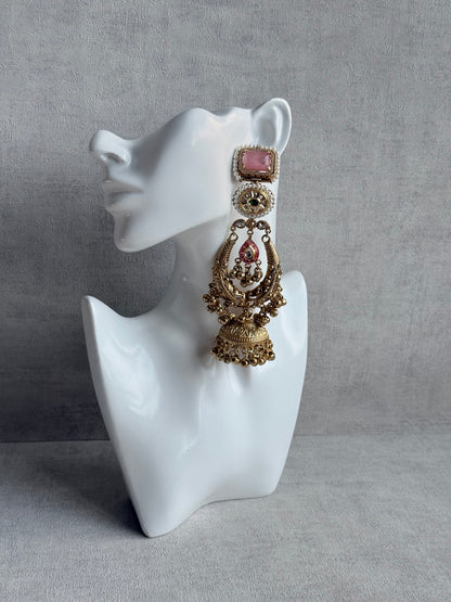 Ayura Designs Zirwa Earrings – Statement Jhumkis with Pink Stones, Green Accents & Pearl Borders & Ghungroos